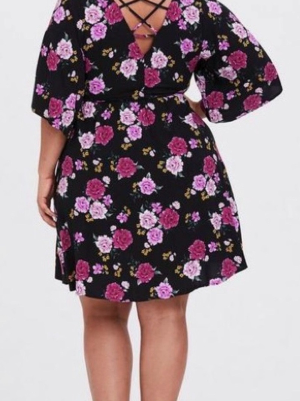 Torrid Size 1 Black & Pink Floral Babydoll Mini Dress, Criss Cross Back